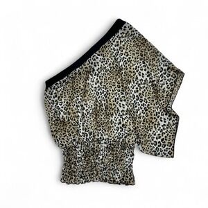 Y2K Hot Tempered Leopard‎ One Shoulder Sheer Chiffon Blouse Top Smocked Sz Large